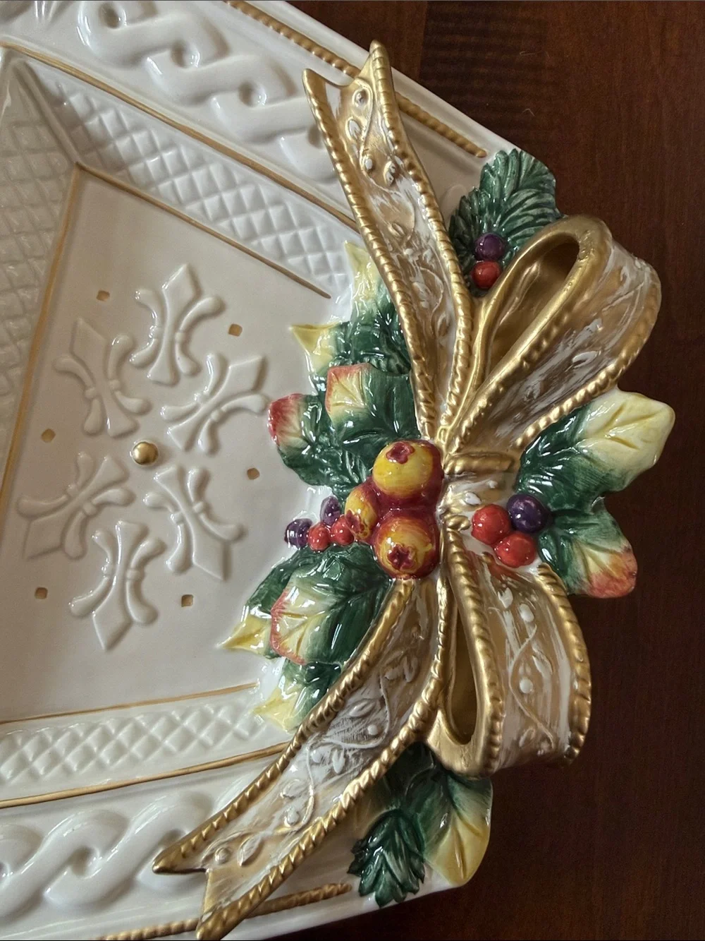 Vintage Fitz and Floyd White Ceramic Holiday Tray with Gold Bows and Green Holly